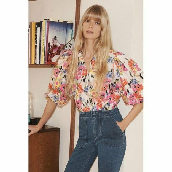 NWT Anthropologie Rachael Floral Button Down Top M Puff Sleeves - Picture 2 of 9